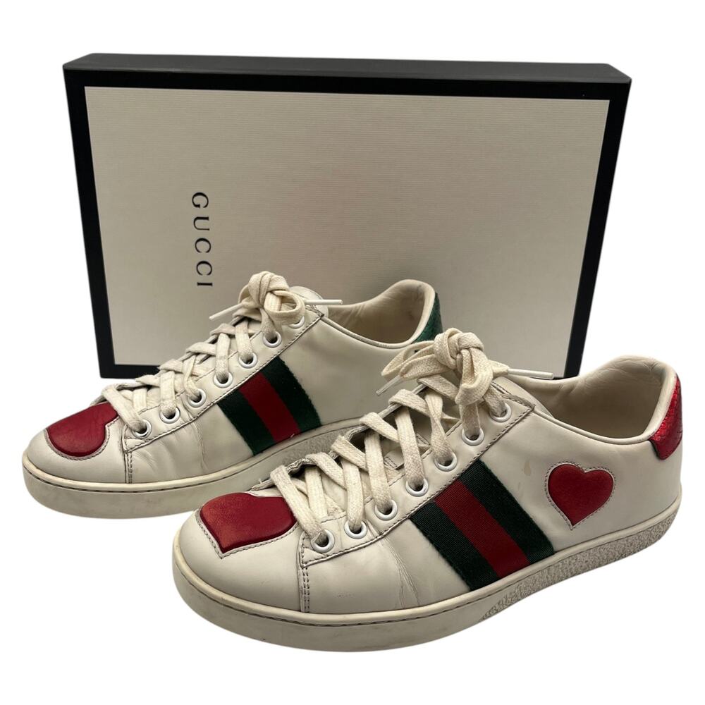 Gucci Ace Heart Embroidered Web Low Top Leather Sneakers White Size 36 / 6 - Picture 2 of 11